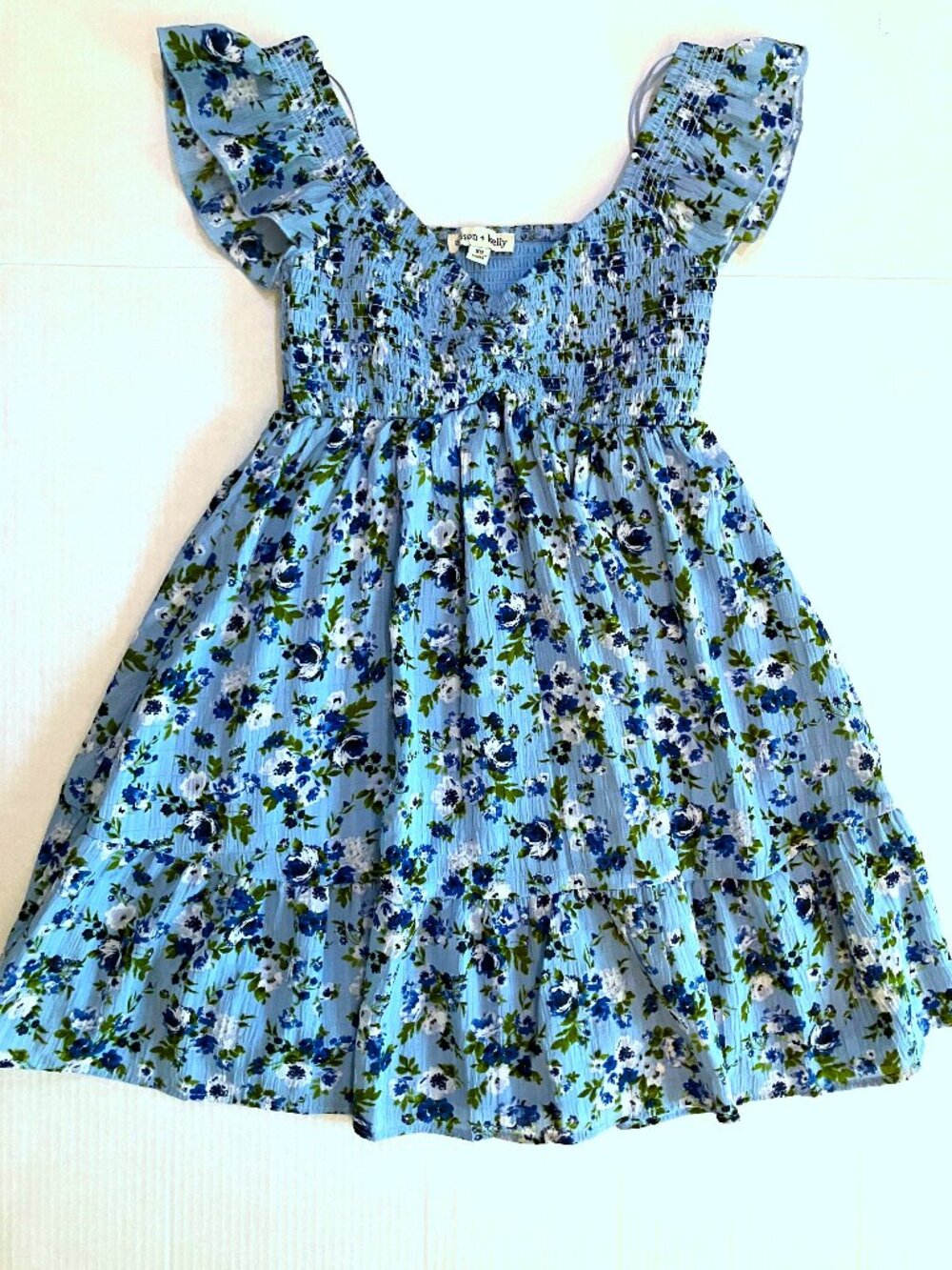 Allison + Kelly Blue Floral Print Short Flutter Sleeve Tiered Mini Dress